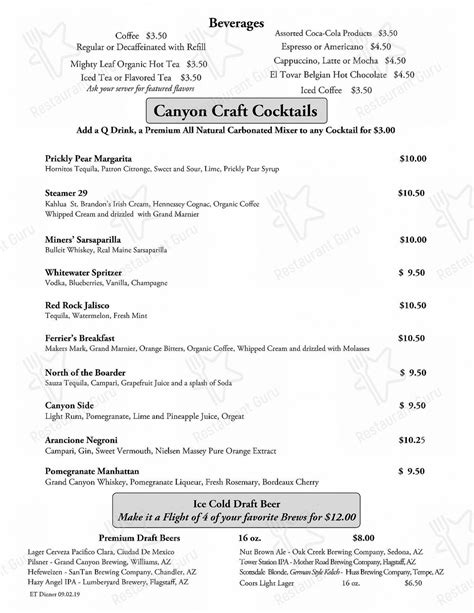 Menu at El Tovar Dining Room restaurant, Grand Canyon Village, 1 El Tovar Rd