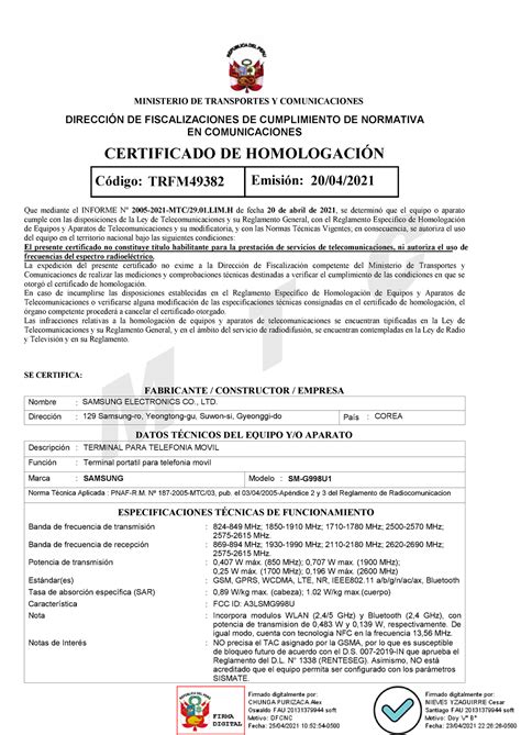 Certificado De Homologacion Para El Celular MINISTERIO DE TRANSPORTES