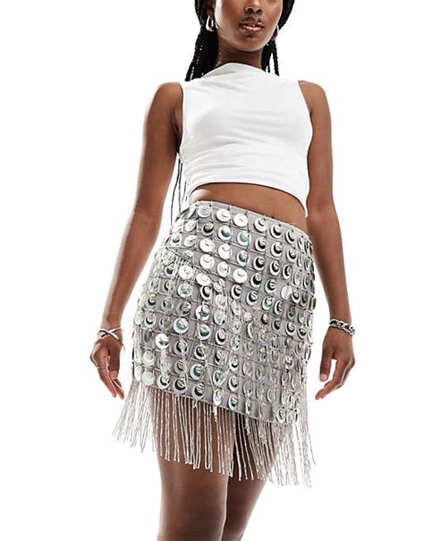 Asos Design Sequin Disc And Tassel Mini Skirt In Silver Asos