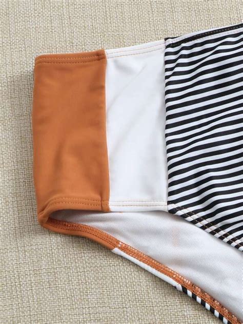 Striped Knot Hem High Waisted Bikini Swimsuit Shein Usa