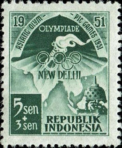 Stamp Of Indonesia 1951 Colnect 261238 Olympic Rings Torch Stupa