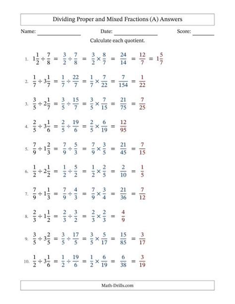 Dividing Proper And Mixed Fractions With Some Simplifying Fillable A