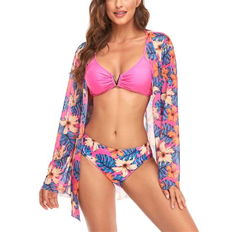 Lu S Chic Women S Sexy Piece Bikini Swimsuit Long Sleeve Cover Up Sheer Beach V Neck Padded