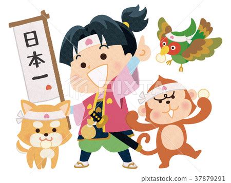 Momotaro in Japan and accompanying dog, monkey,... - Stock Illustration ...