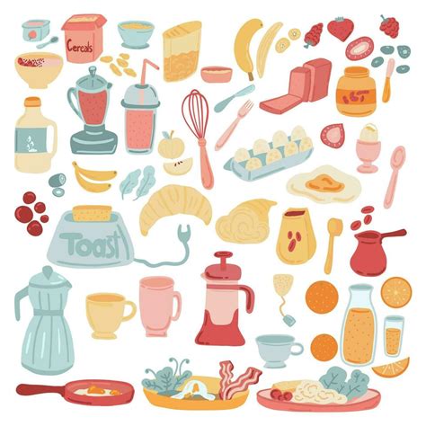 Big Set Of Icons Hand Drawn Brunch Breakfast Objects Vector