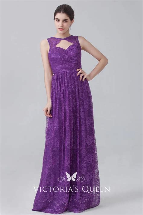 Floral Purple Lace Sweetheart Keyhole Bridesmaid Dress Vq