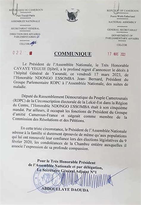 D C S De L Honorable Ndongo Essomba Jean Bernard L Assembl E