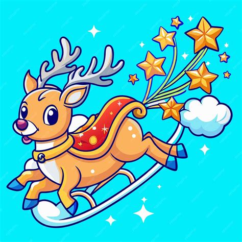 A Cartoon Reindeer with Tiny Wings Flying Through a Magical Winter Sky | Premium AI-generated vector