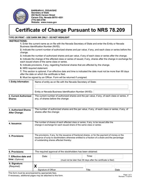 Nevada Certificate Of Change Pursuant To Nrs 78 209 Fill Out Sign