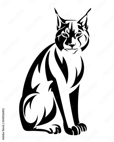 Sitting Lynx Black And White Vector Outline Wild Bobcat Monochrome