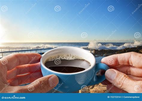 Morning Coffee Cup Sky Beach Stock Photo Image Of Life Backgrounds