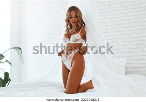 Sexy Beautiful Woman White Lace Lingerie Stock Photo