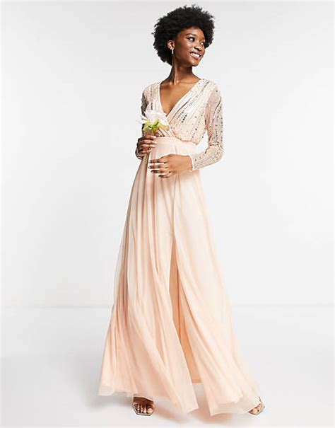 Frock And Frill Wrap Front Embellished Maxi Dress In Pearl Pink Asos