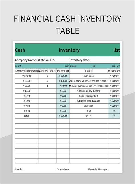 Financial Cash Inventory Table Excel Template And Google Sheets File