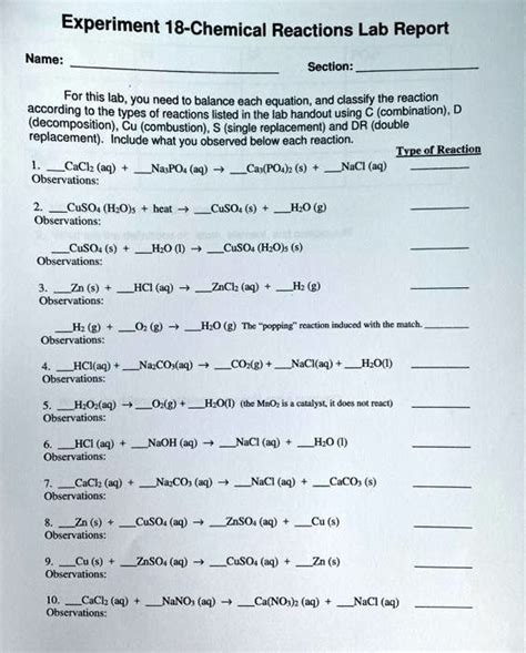 SOLVED Experiment 18 Chemical Reactions Lab Report Name Section