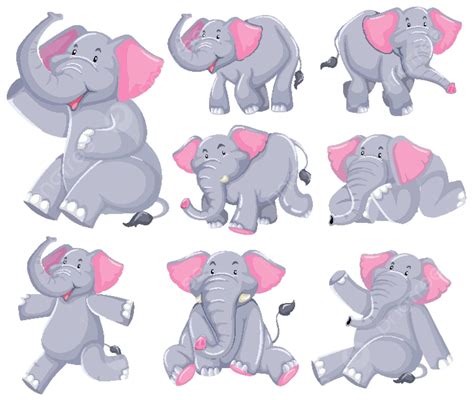 Conjunto De Fondo De Eps De Ilustración De Personaje De Dibujos Animados De Elefante Vector Png