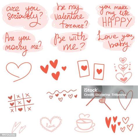 Hand Drawn Valentines Day Sticker Set Cartoon Flat Vector With