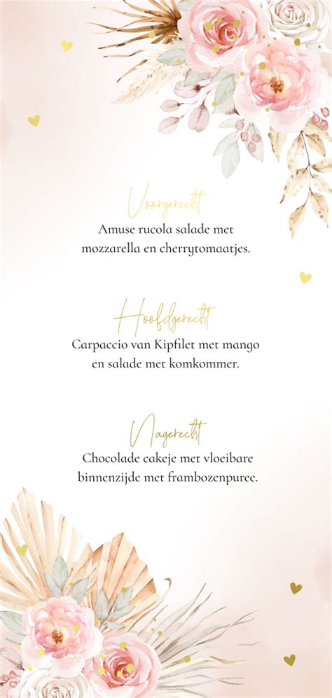 Menukaart Langwerpig Huwelijk Bohemian Bloemen Goudfolie