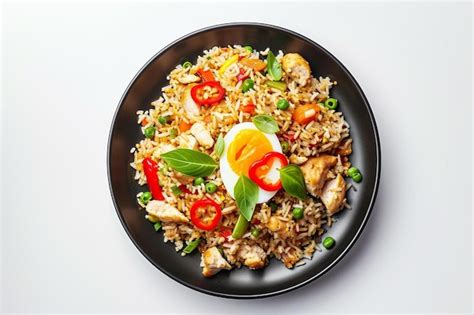 Premium Photo A Black Plate Topped With Rice And Vegetables