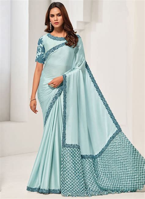 Buy Glamorous Light Blue Crepe Satin Silk Zardosi Sequins Saree Wedding