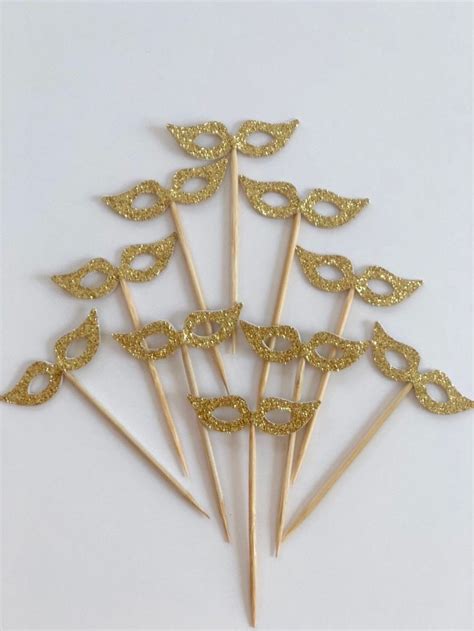 Set Of Pcs Gold Glitter Masquerade Mask Cupcake Toppers Birthday