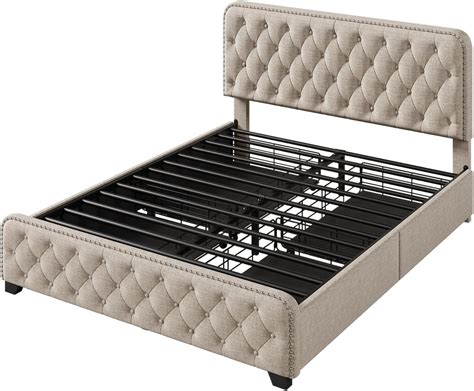 Base de cama de plataforma tapizada tamaño Queen con cuatro cajones