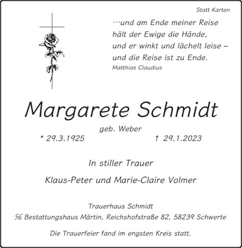 Traueranzeigen Von Margarete Schmidt Sich Erinnern De