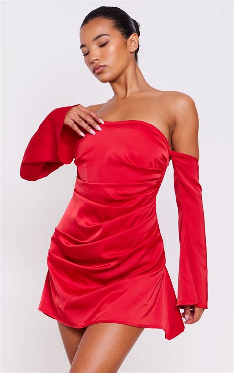 Red Satin Corset Bardot Long Sleeve Shift Dress Dresses Prettylittlething Usa