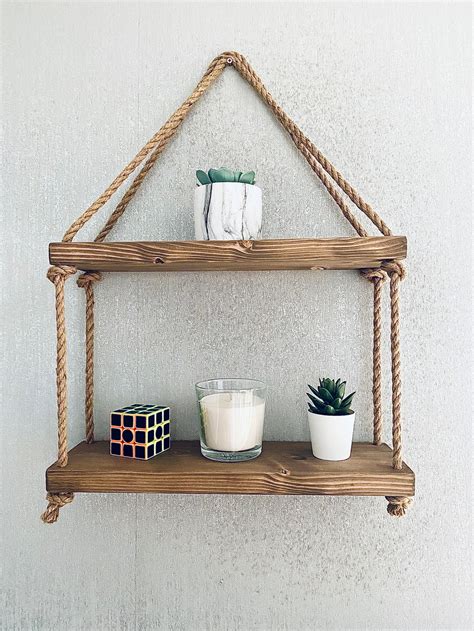 Rustic Rope Hanging Shelves Wooden Shelves Rope Shelves Etsy