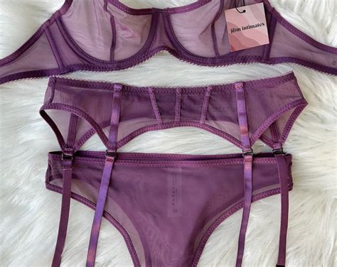 Soft Purple Mesh Lingerie Set With Garter Belt Cheeky Panty Gift For Women Etsy