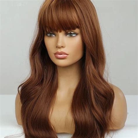 Medium Brown Mid Length Wig With Fringe Synthetic Heat Etsy