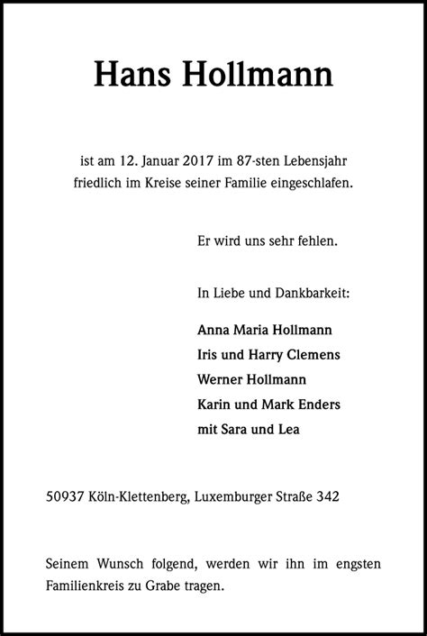 Traueranzeigen Von Hans Hollmann Wirtrauern