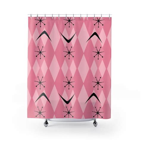 Retro Shower Curtain Dark Pink Light Pink Atomic Age 50s Starburst