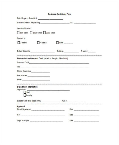 Business Card Order Form Template