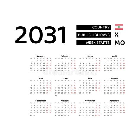 Calendar 2031 English Language With Lebanon Public Holidays Week