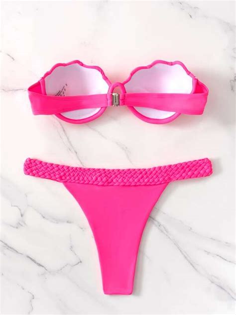 Shein Swim Vcay Ba Ador Bikini Tangane N Rosado Ribete En Abanico