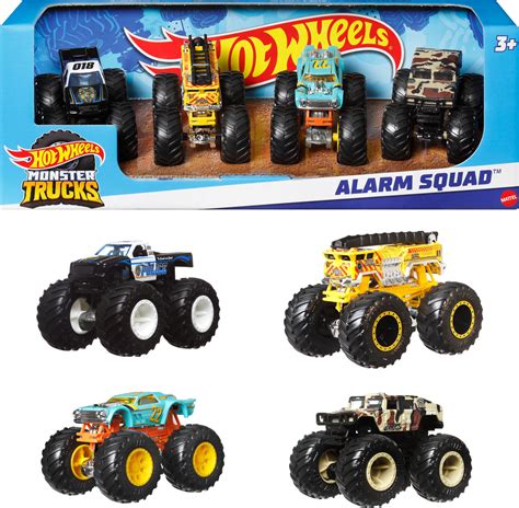Amazon Hot Wheels Toy Monster Trucks Set Of 4 4 Pack Of 1 64 Scale Alarm Squad Vehicles