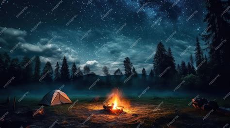 Premium AI Image | Cozy Night in the Forest Camp Tent with a Campfire