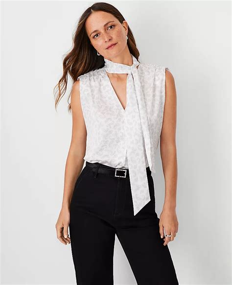 Paisley Shirred Shoulder Tie Neck Top