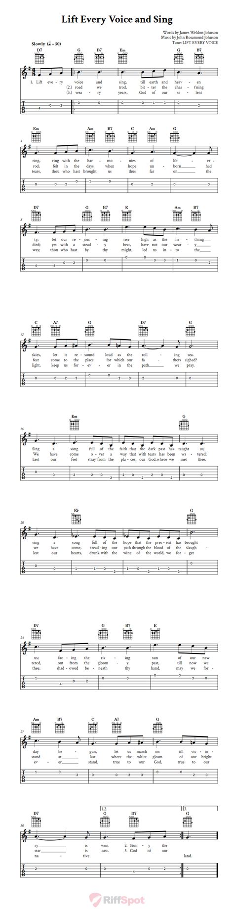 Lift Every Voice and Sing - Easy Guitar Sheet Music and Tab with Chords and Lyrics