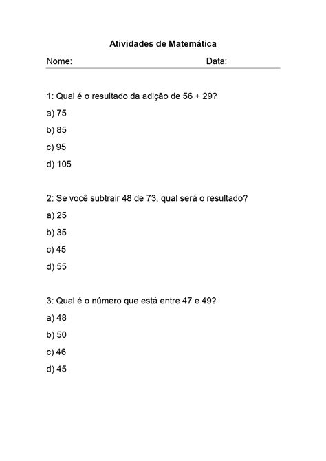 Atividade De Matemática 4° Ano Questões De Múltipla Escolha Com Gabarito Ponto Do Conhecimento