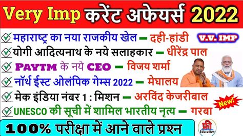 Most Important Current Affairs 2022 in hindi करट अफयरस 2022