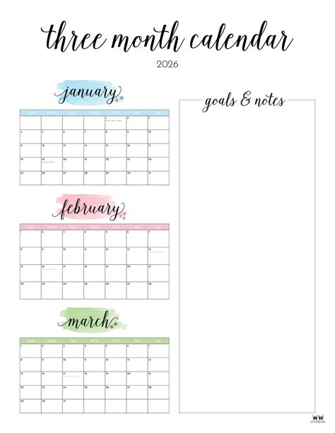 2026 Three Month/Quarterly Calendars - 36 FREE Cals | Printabulls