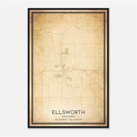 Vintage Ellsworth Wisconsin Map Poster, Ellsworth WI City Road Wall Art