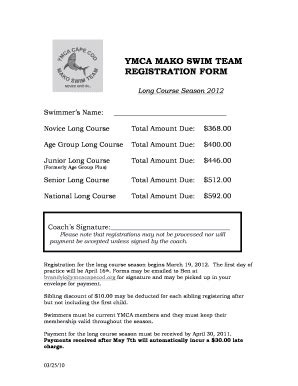 Fillable Online Ymcacapecod YMCA MAKO SWIM TEAM REGISTRATION FORM