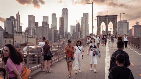 New York, USA - City Skyline View from Brooklyn Bridge at Sunset ...