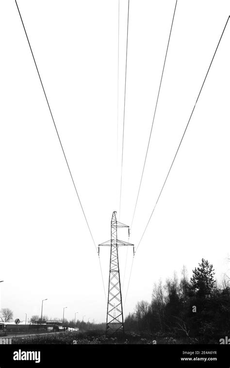 High Voltage Power Transmission Line Pylon With Power Cables Stock