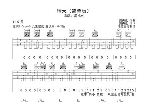 晴天吉他谱 周杰伦 G调弹唱简单51 专辑版 吉他世界