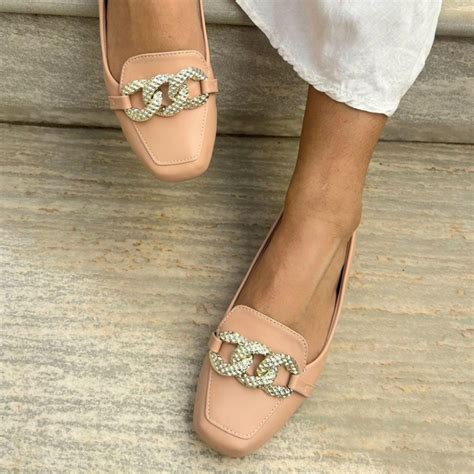 Mocassim Feminino Bico Quadrado Nude Corrente Detalhada Sandalia Confortavel Sapatilha Luxo