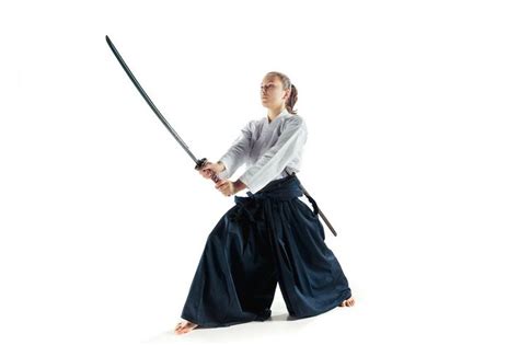 Aikido master practices defense posture healthy lifestyle and sports ...